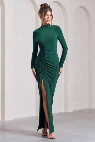 Holly Black Ruched Halter-Neck Split Fishtail Maxi Dress – Club L London -  USA