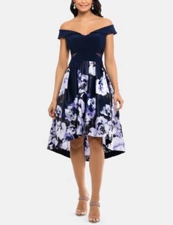 xscape navy off the shoulder dress