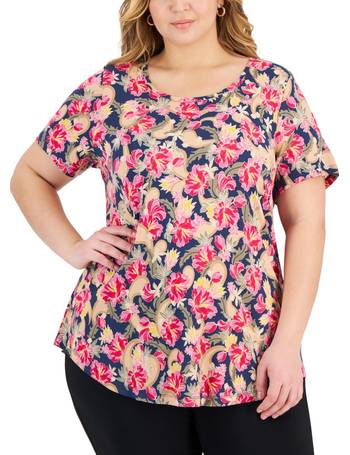 Jm Collection Plus Size Floral-Print V-Neck 3/4-Sleeve Top, Created for  Macy's