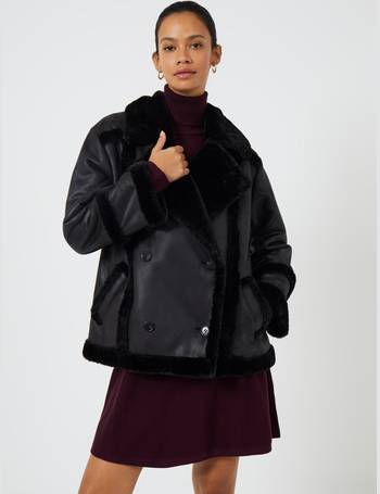 french connection carmelita faux fur collar long coat black