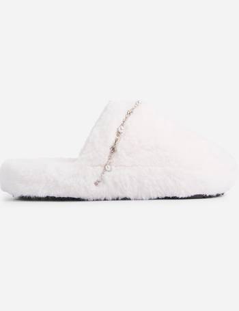 Kahlua Fluffy Printed Detail Flat Slipper In Pink Faux Fur