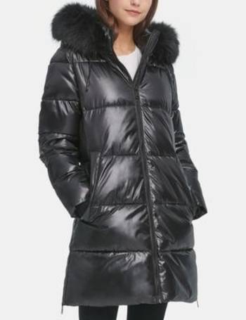 dkny asymmetrical puffer coat with fur hood