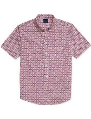 TOMMY HILFIGER Shirt Men's Short Sleeve Chambray Navy/ Pink Madras Checks
