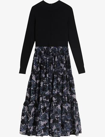 Ted Baker London Tayla Floral Print Stand Collar Long Sleeve Midi