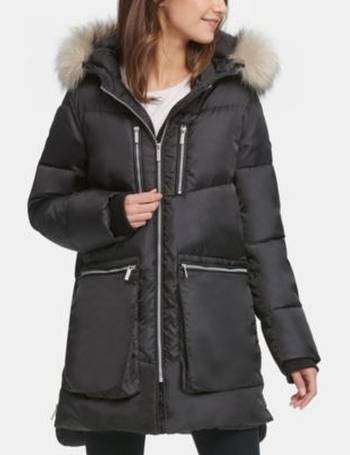 dkny asymmetrical puffer coat with fur hood