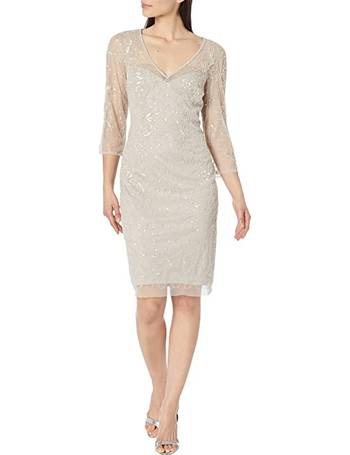 Adrianna Papell Women's Long Beaded V-Neck Dress with Cap Sleeves