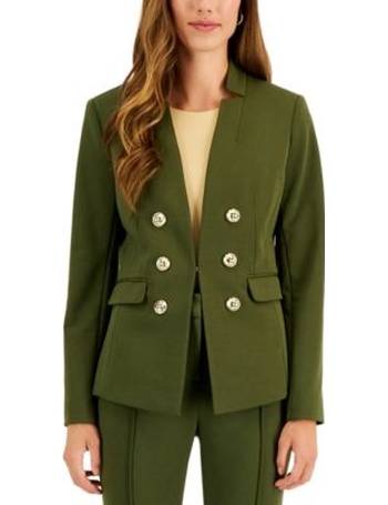 Tahari ASL Womens Double Breasted Pinstripe Blazer with Patch Pockets 