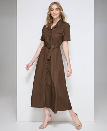 Women's Short-Sleeve Belted Midi Dress