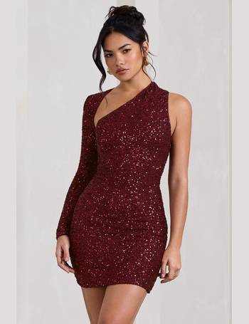 Club L London - USA New Money | Burgundy Bodycon Sequin Mini Dress with Feather Trim US 4 / Burgundy