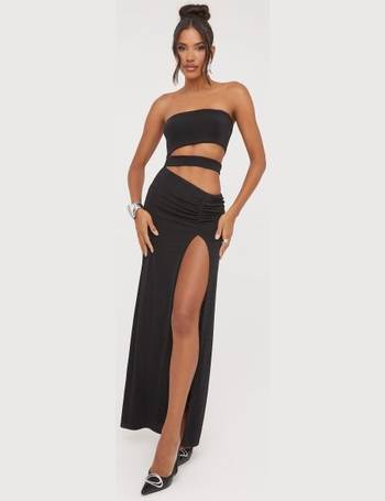 One Shoulder Cut Out Detail Thigh Split Maxi Dress In Silver Metallic  Fishnet