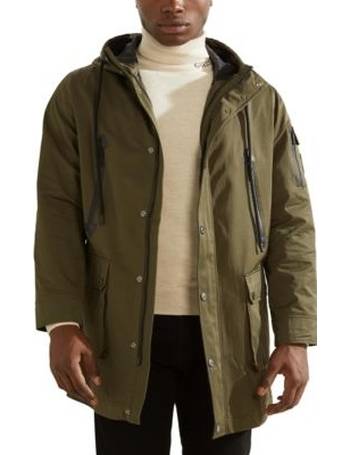Mens Fur Hooded Long 3/4 Wool Cross Zip Fishtail Khaki Camo Slim Fit Jacket 