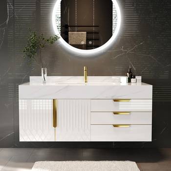 Homary 31 Black & White Floating Bathroom Vanity Faux Marble Top Ceramic Vessel Sink