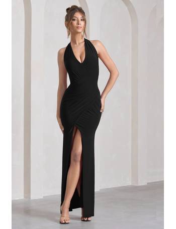 Holly Black Ruched Halter-Neck Split Fishtail Maxi Dress – Club L London -  USA