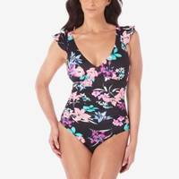 Swim Solutions Floral Tiered One-Piece Swimsuit Tummy Control Sz 10 Layered si1 