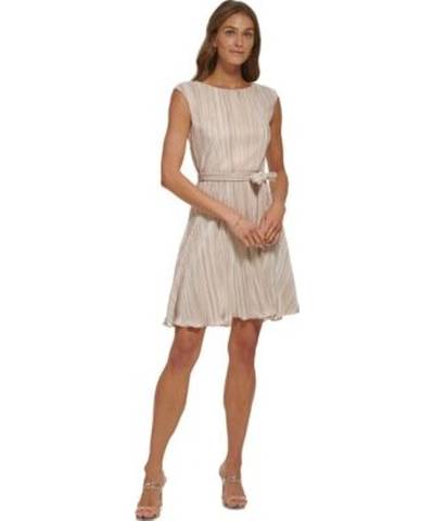 DKNY Women's Pleated Belted Fit & Flare Dress