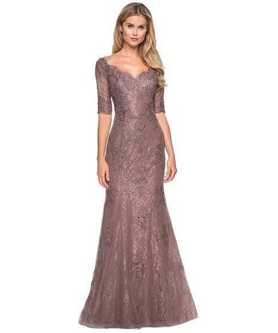La Femme 26943 Bedazzled Curve V-neck Trumpet Dress