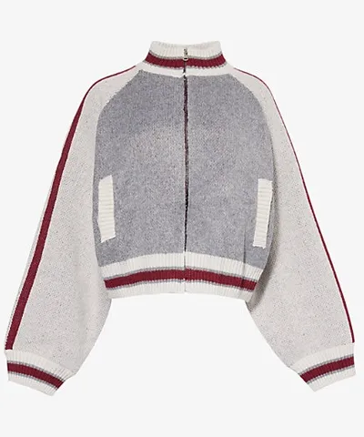 Jaded London Womens Grey Team 85 Relaxed-Fit Knitted Bomber Jacket