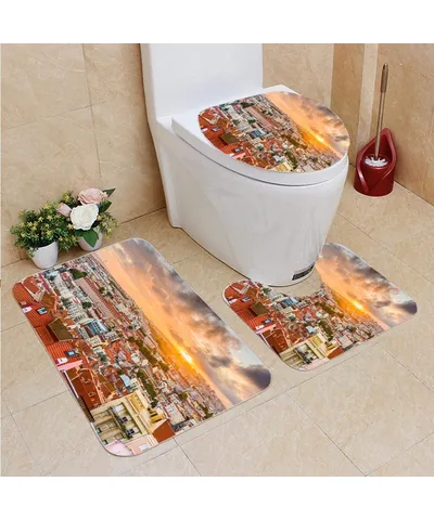 EREHome Lisbon Portugal City Skyline 3 Piece Bathroom Rugs Set Bath Rug Contour Mat Toilet Lid Cover