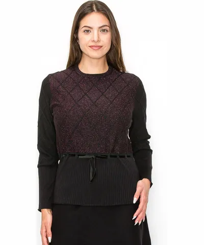 YAL New York Diamond Sparkle Knit Pullover with Tie Waist