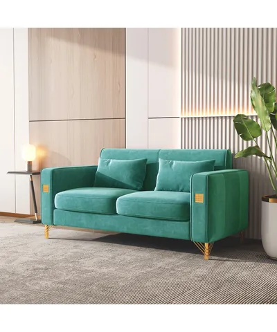 Sunmory Classical American Velvet Loveseat Sofa Comfortable Upholstered Living Room Sofa with Pillows and Gold Finish Metal Leg
