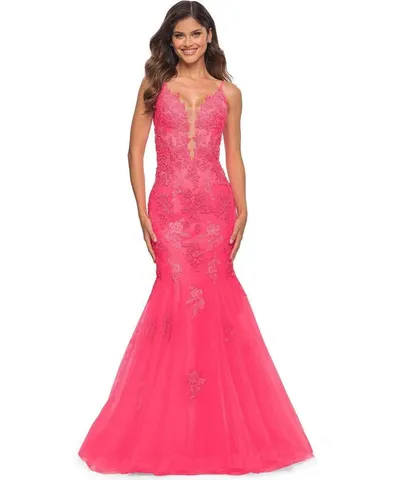 La Femme 30674 Brocade Floral Trumpet Dress