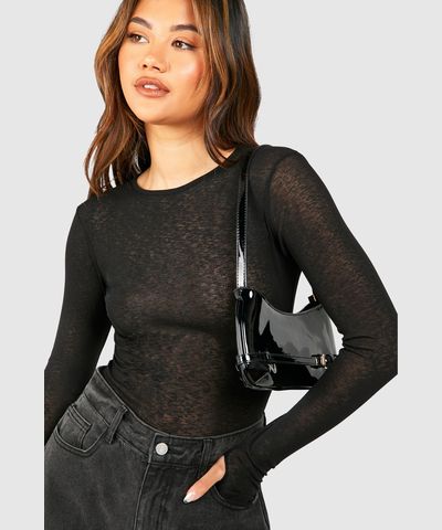 boohoo Womens Textured Sheer Long Sleeve One Piece