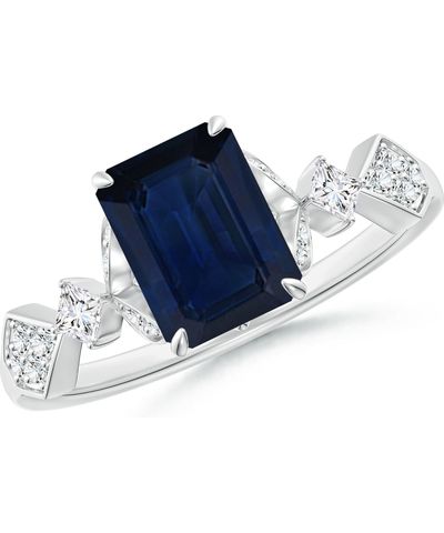 Angara Vintage Style Emerald-Cut Blue Sapphire Engagement Ring with Leaf Motifs