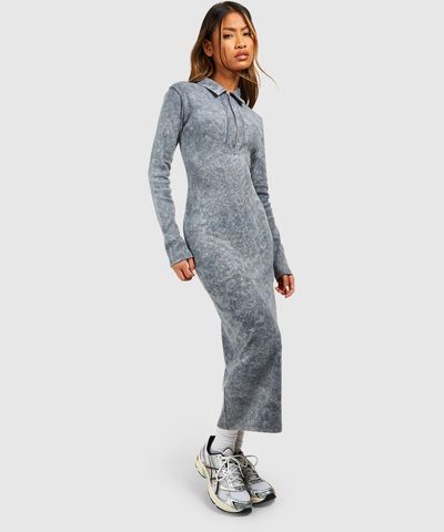boohoo Womens Half Zip Acid Wash Midi Dress