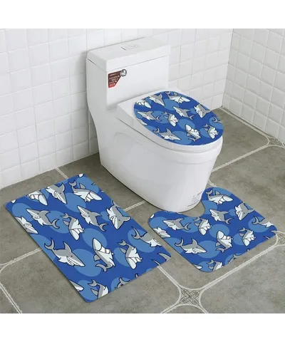 PKQWTM Happy Shark Repeatable 3 PCS Bath Rug Contour Mat Toilet Lid Cover