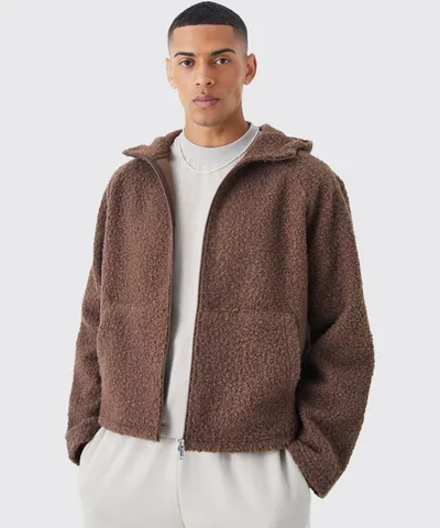 boohoo Mens Oversized Boxy Boucle Borg Zip Thru Hoodie